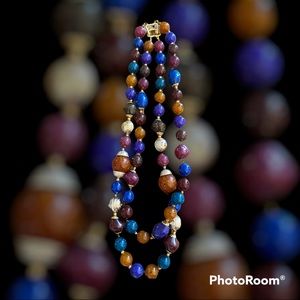 Colorful Vintage Beaded Costume Jewelry  Double-Stranded Gold-Tone Necklace